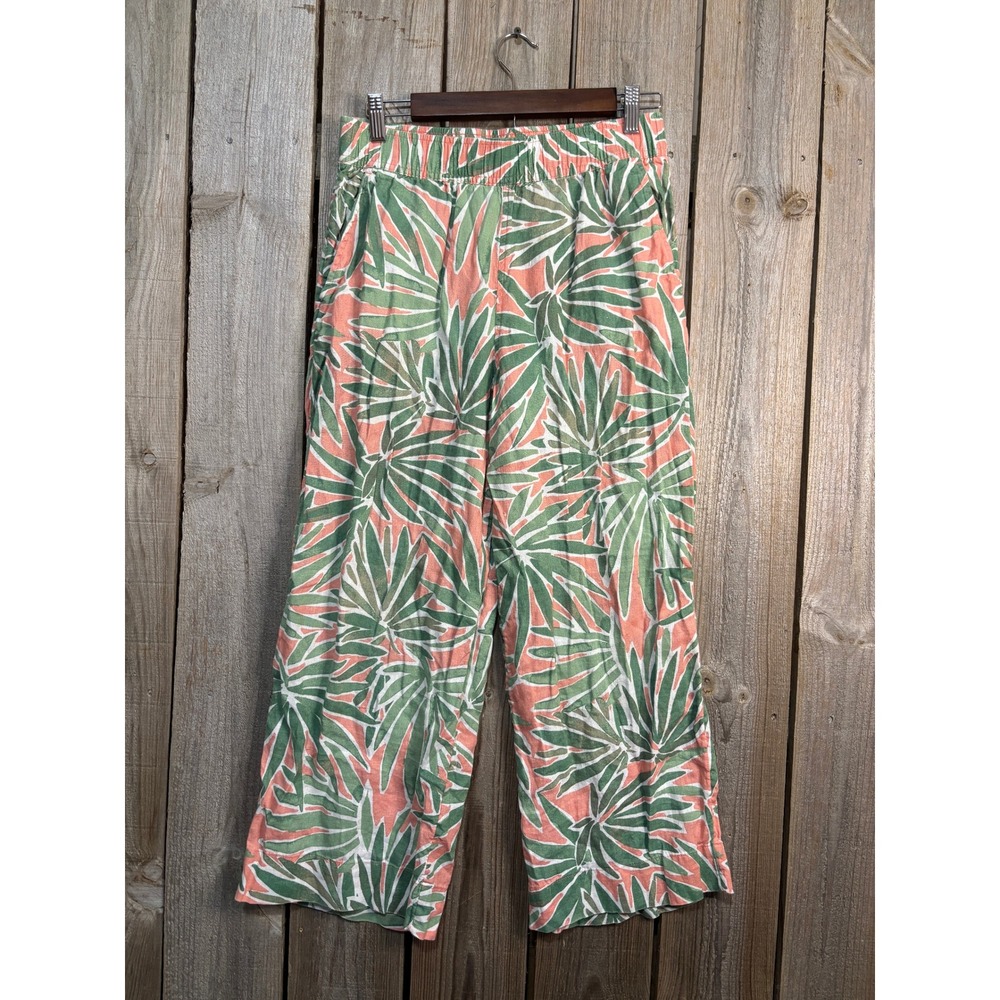 Sigrid Olsen Womens Small 100% Linen Tropical Print Wide Leg Pants‎ Green Pink